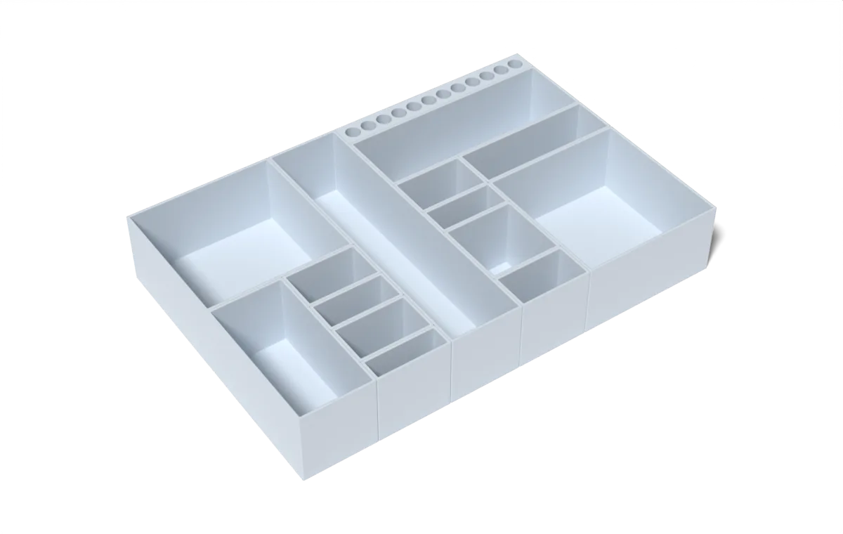 Rendered example: a 300 by 200mm drawer filled with 15 separate trays, one with a row of round slots